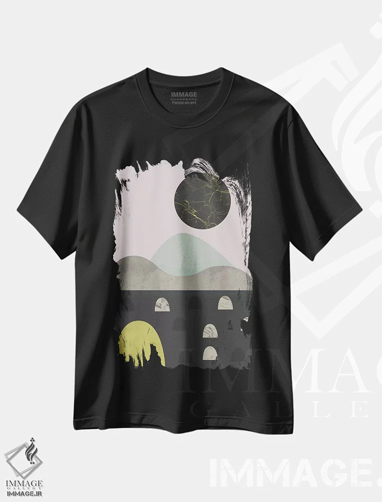 تیشرت مشکی طرح دار سنگ ها و ماه، آبستره اثر فلت اول | فروشگاه ایماژ