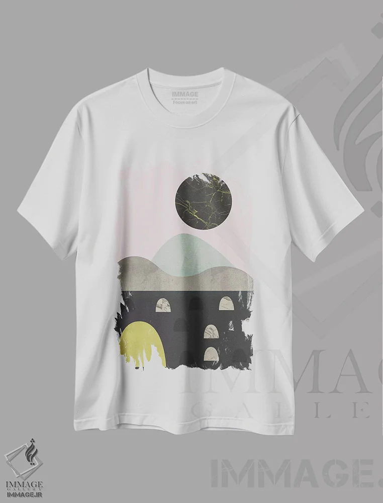 تیشرت سفید طرح دار سنگ ها و ماه، آبستره اثر فلت اول | immage.ir