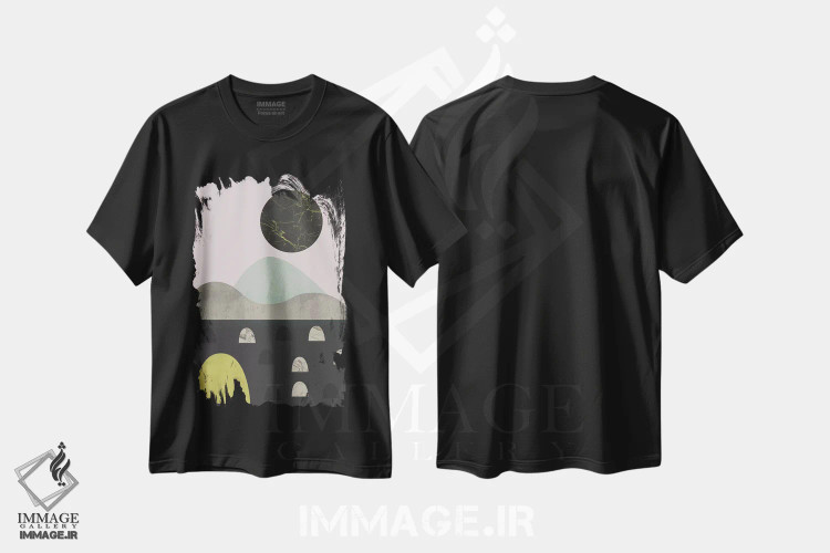 تیشرت مشکی طرح دار سنگ ها و ماه، آبستره اثر فلت اول | فروشگاه ایماژ