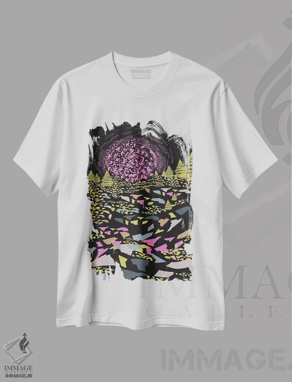 تیشرت سفید طرح دار تپه های وهم آلود رنگارنگ، آبستره اثر فلت اول | فروشگاه ایماژ