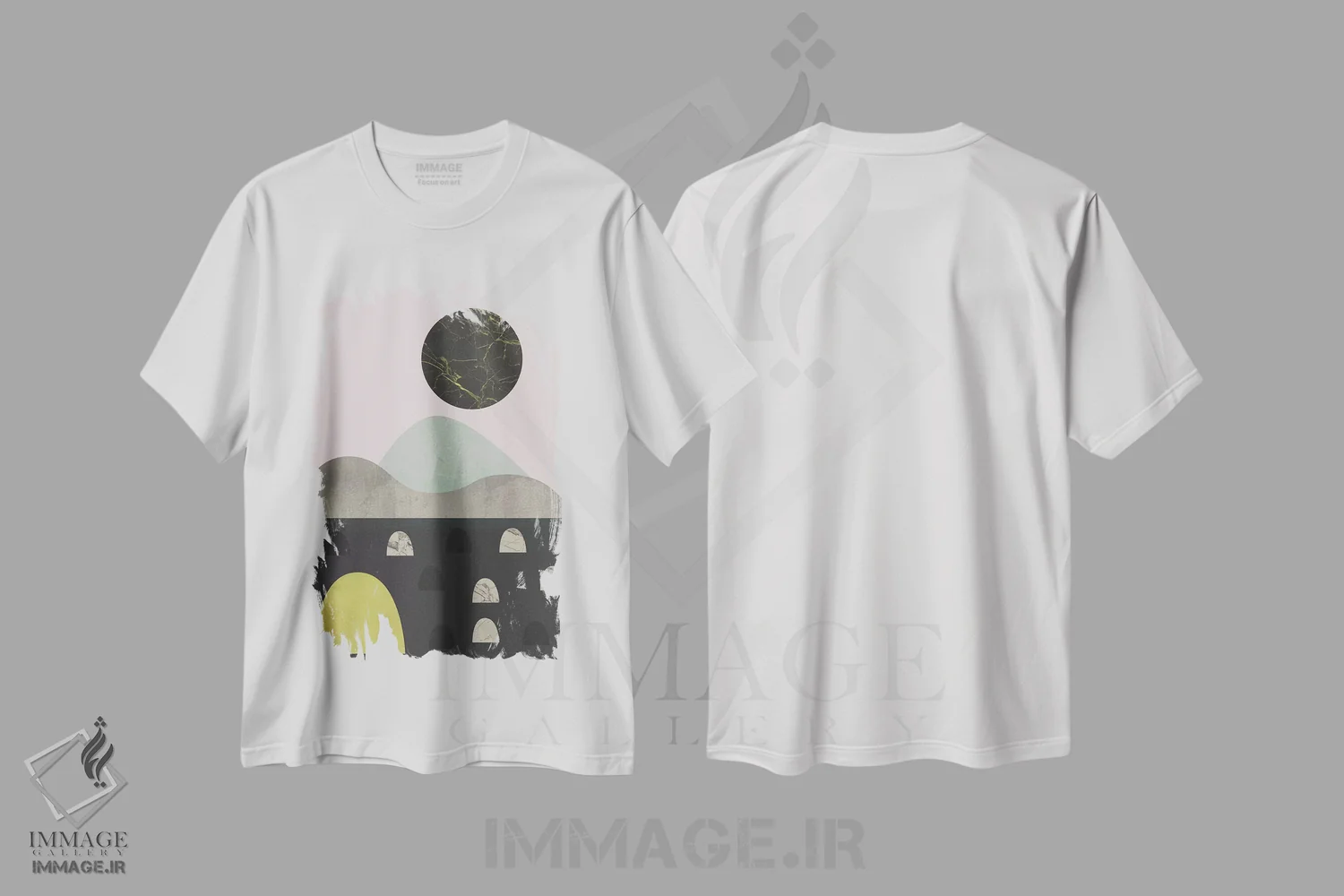 تیشرت سفید طرح دار سنگ ها و ماه، آبستره اثر فلت اول | immage.ir