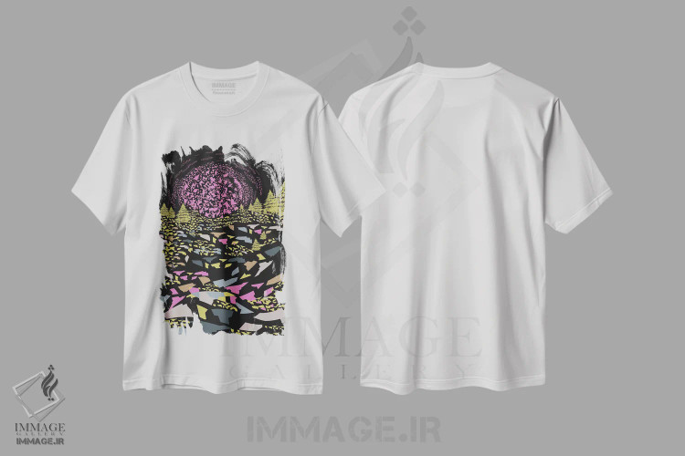 تیشرت سفید طرح دار تپه های وهم آلود رنگارنگ، آبستره اثر فلت اول | فروشگاه ایماژ