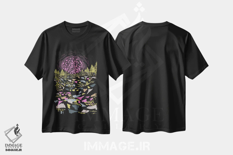 تیشرت مشکی طرح دار تپه های وهم آلود رنگارنگ، آبستره اثر فلت اول | immage.ir