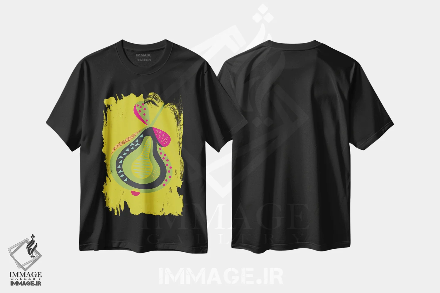 تیشرت مشکی طرح دار گلابی ۲، هنر دیجیتال اثر فلت اول | فروشگاه ایماژ