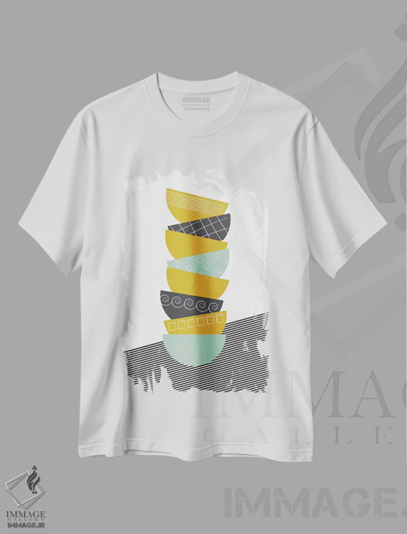 تیشرت سفید طرح دار کاسه ها رنگی، هنر فاخر معاصر اثر فلت اول | فروشگاه ایماژ
