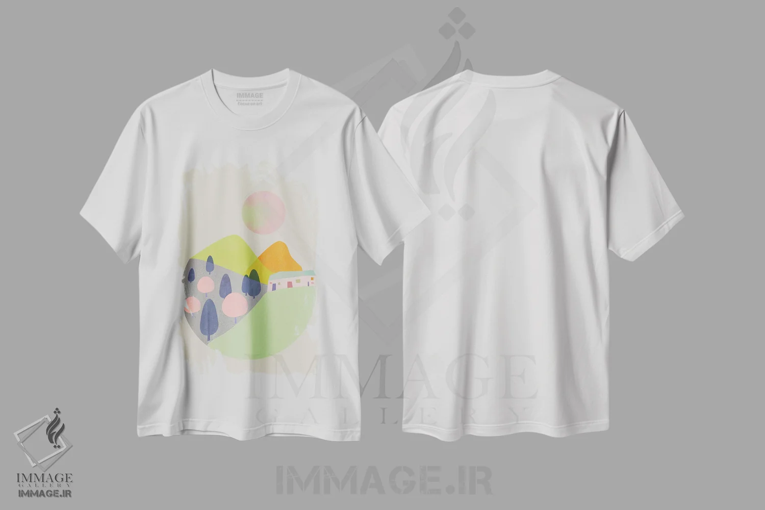 تیشرت سفید طرح دار باغ شماره ۱، تزئینی اثر فلت اول | فروشگاه ایماژ