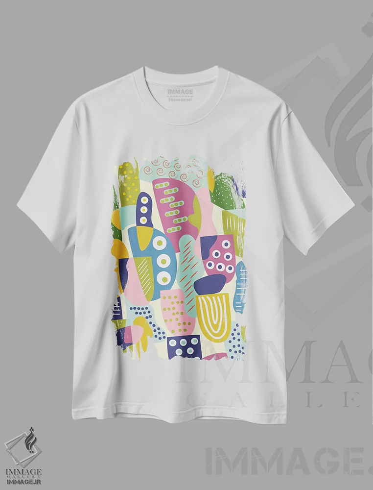 تیشرت سفید طرح دار اشکال رنگارنگ، آبستره اثر فلت اول | فروشگاه ایماژ