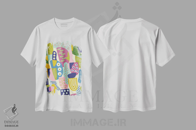 تیشرت سفید طرح دار اشکال رنگارنگ، آبستره اثر فلت اول | فروشگاه ایماژ