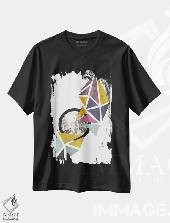 تیشرت مشکی طرح دار مثلث های رنگی، آبستره اثر فلت اول | immage.ir