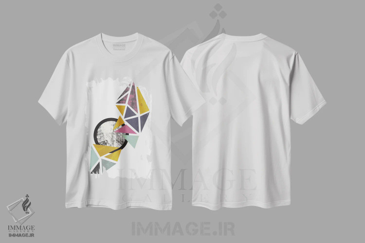 تیشرت سفید طرح دار مثلث های رنگی، آبستره اثر فلت اول | فروشگاه ایماژ