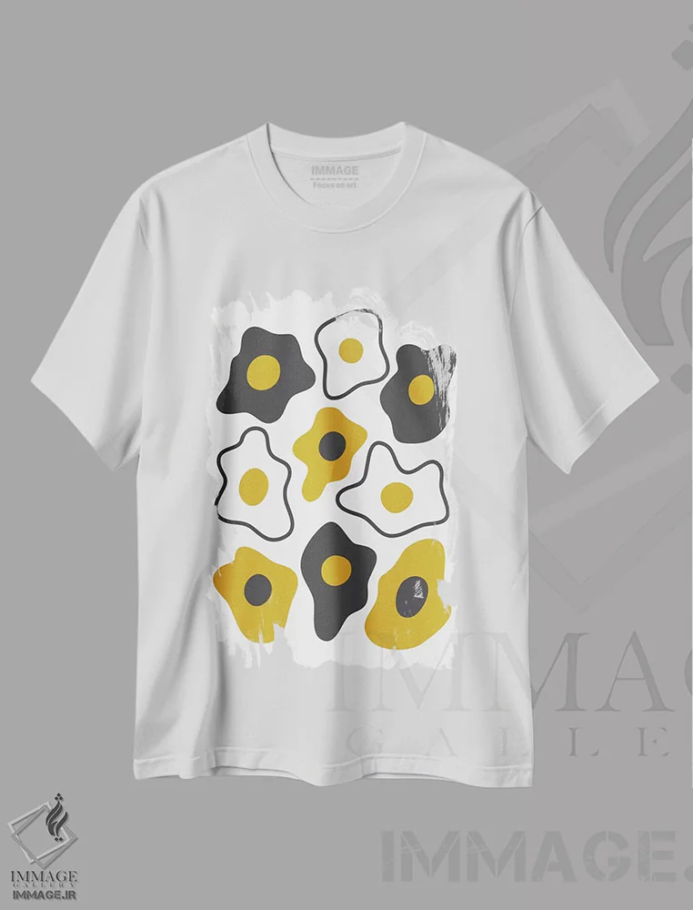 تیشرت سفید طرح دار "تخم مرغ سرخ شده"، آبستره اثر فلت اول | فروشگاه ایماژ