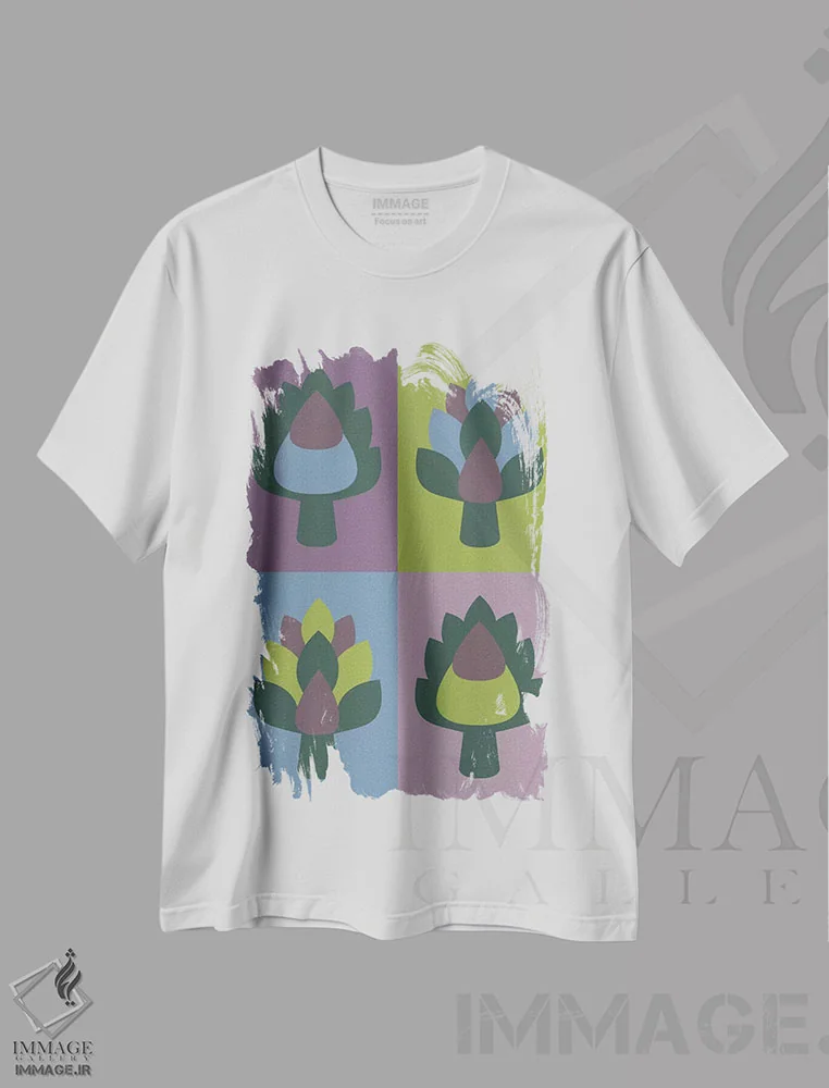 تیشرت سفید طرح دار "کنگر فرنگی"، هنر فاخر معاصر اثر فلت اول | فروشگاه ایماژ