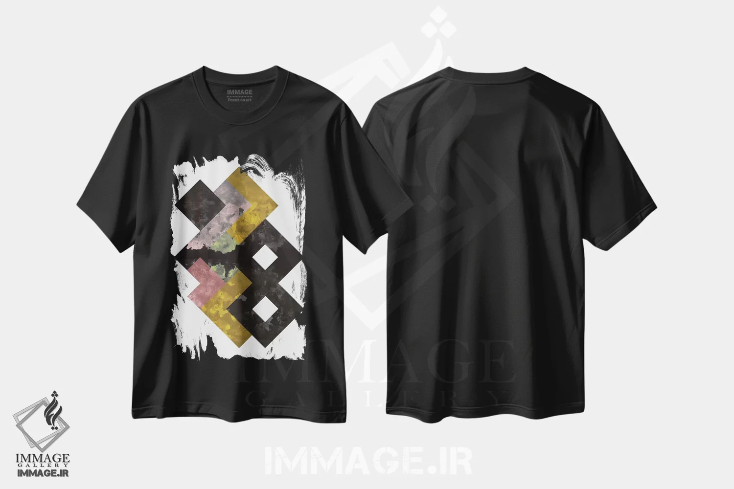 تیشرت مشکی طرح دار "آبرنگ هندسی"، آبستره اثر فلت اول | فروشگاه ایماژ