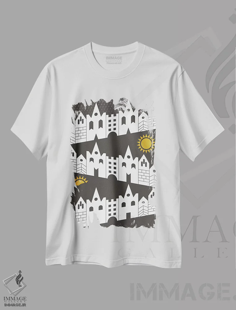 تیشرت سفید طرح دار "خانه های شاد"، تزئینی اثر فلت اول | immage.ir