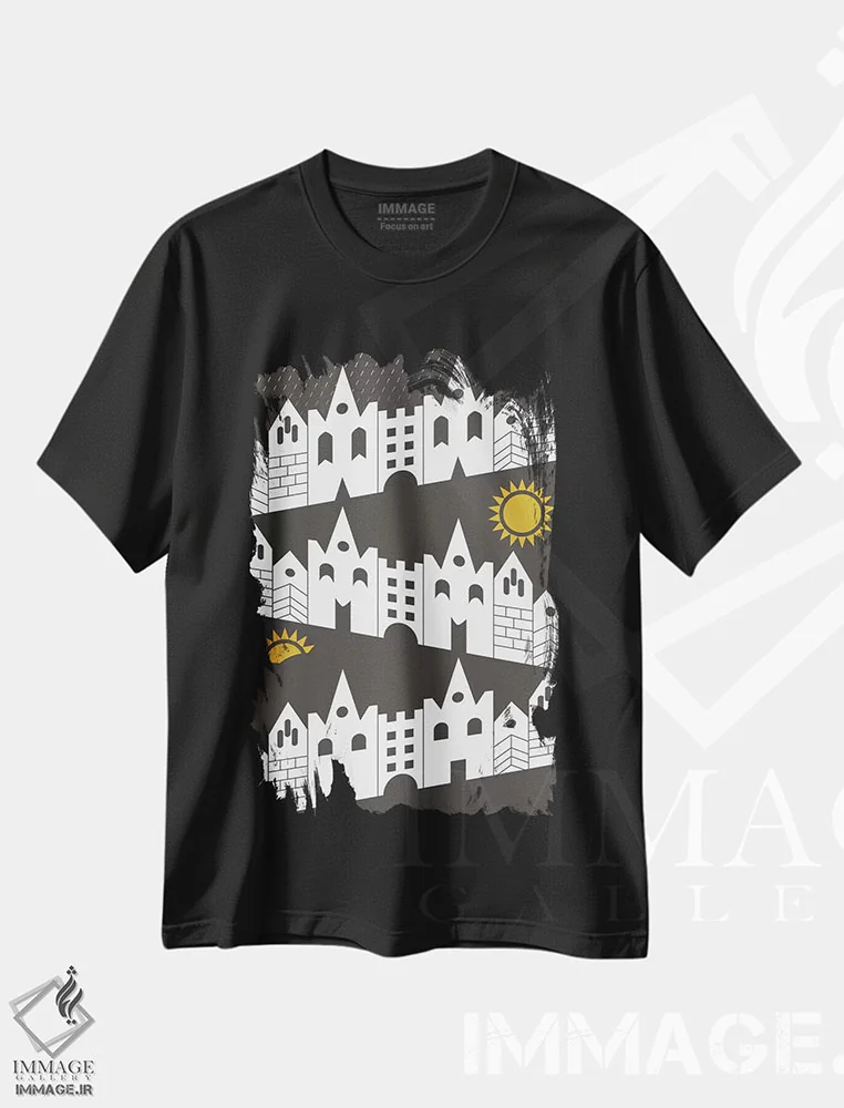تیشرت مشکی طرح دار "خانه های شاد"، تزئینی اثر فلت اول | فروشگاه ایماژ