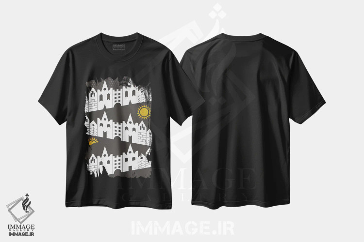 تیشرت مشکی طرح دار "خانه های شاد"، تزئینی اثر فلت اول | فروشگاه ایماژ