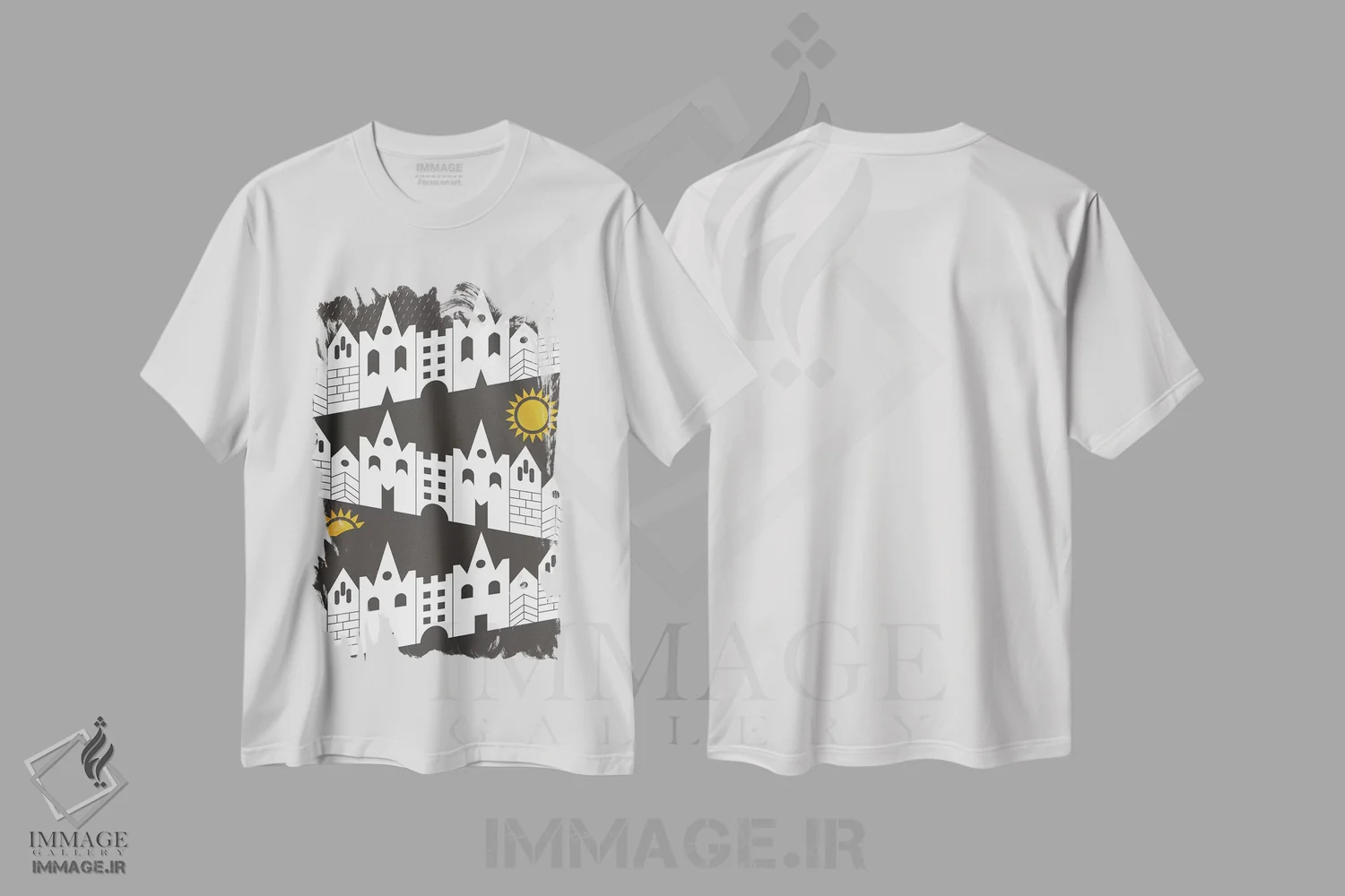 تیشرت سفید طرح دار "خانه های شاد"، تزئینی اثر فلت اول | immage.ir