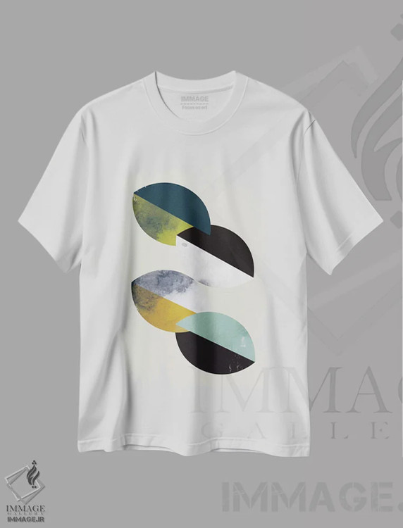 تیشرت سفید طرح دار "بشقاب ها"، آبستره اثر فلت اول | immage.ir