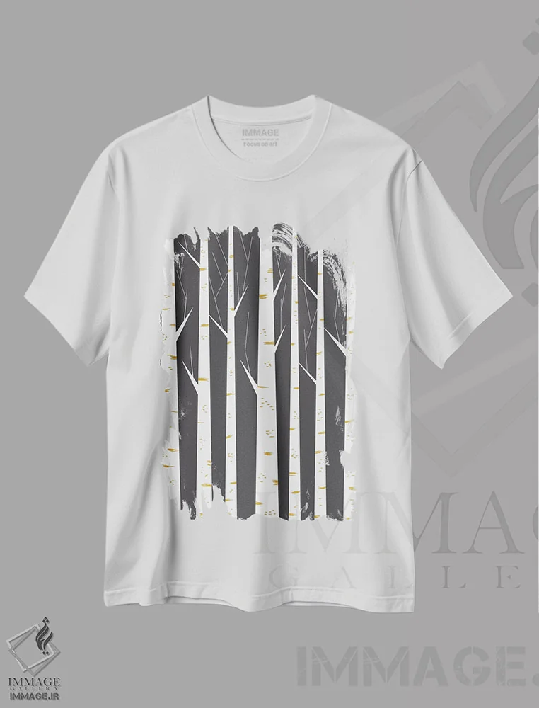 تیشرت سفید طرح دار "جنگل راش"، هنر تزئینی سیاه و سفید اثر فلت اول | فروشگاه ایماژ