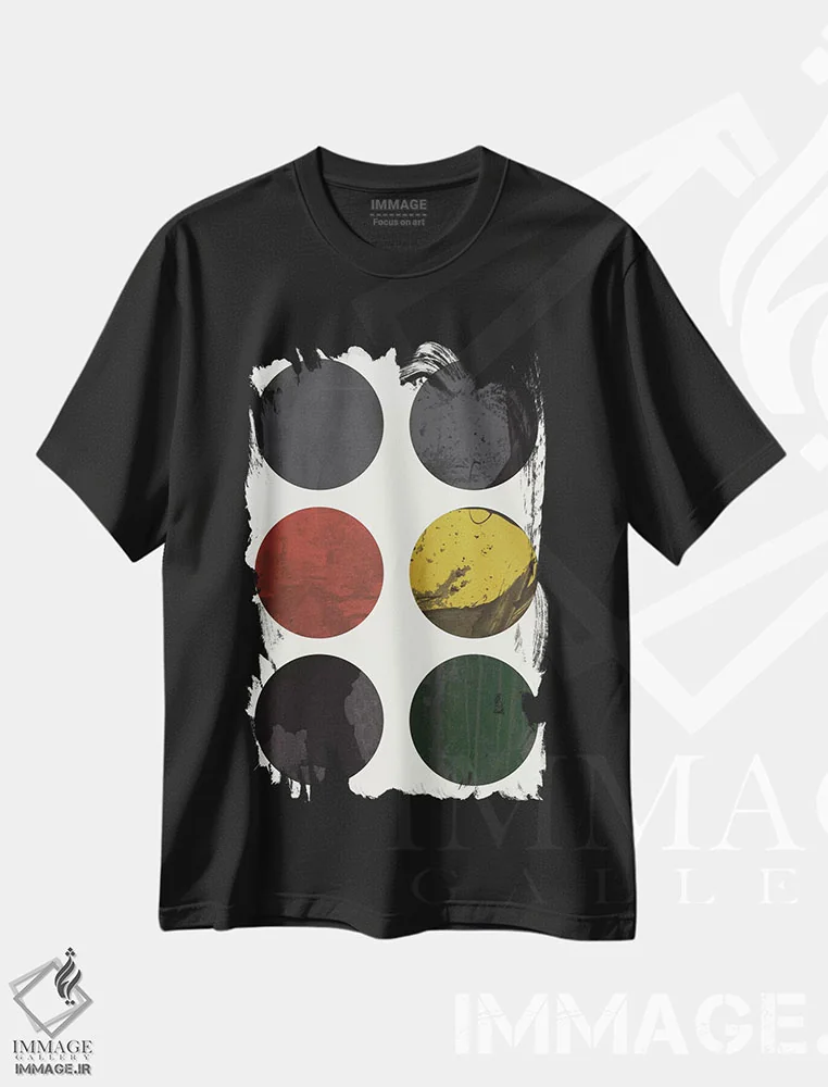 تیشرت مشکی طرح دار "شش دایره"، آبستره اثر فلت اول | فروشگاه ایماژ