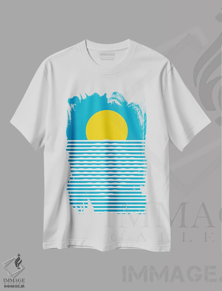 تیشرت سفید طرح دار "طلوع خورشید"، آبستره اثر فلت اول | فروشگاه ایماژ
