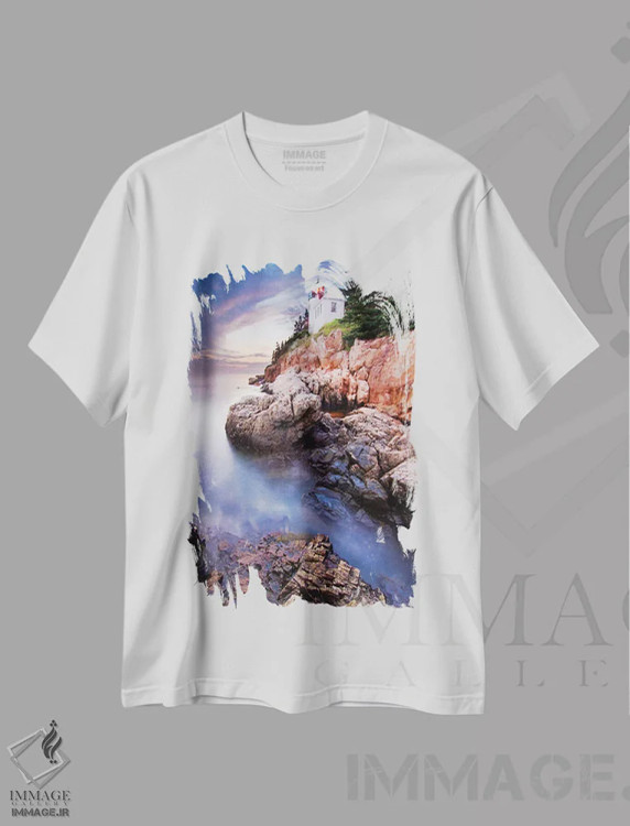 تیشرت سفید طرح دار غروب در فانوس دریایی باس هاربر، مدیوم اثر میرچه کوستینا | immage.ir