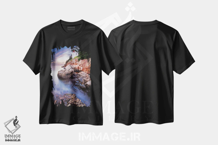 تیشرت مشکی طرح دار غروب در فانوس دریایی باس هاربر، مدیوم اثر میرچه کوستینا | فروشگاه ایماژ