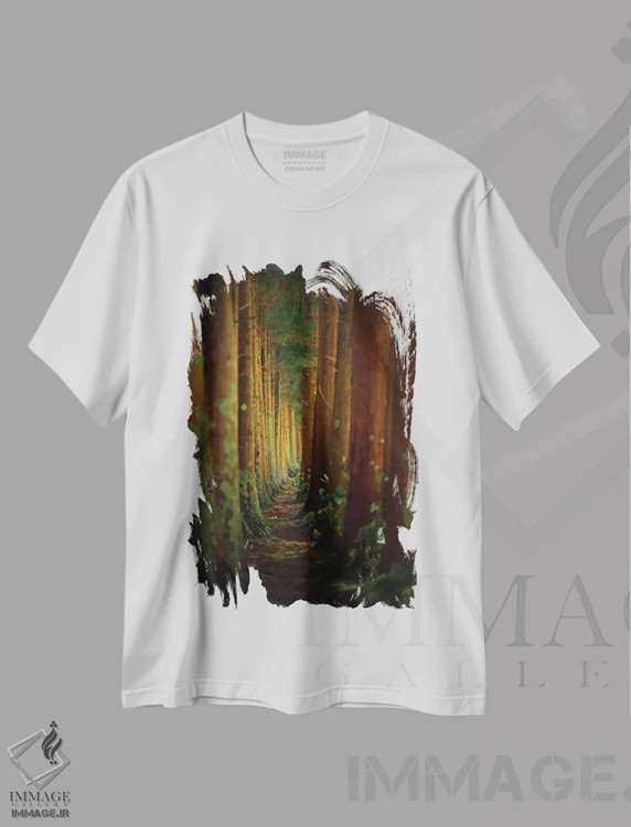 تیشرت سفید طرح دار جنگل، عکاسی هنری فاخر اثر روی کاریا | immage.ir
