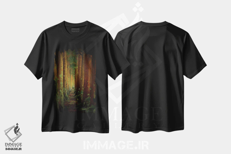 تیشرت مشکی طرح دار جنگل، عکاسی هنری فاخر اثر روی کاریا | فروشگاه ایماژ