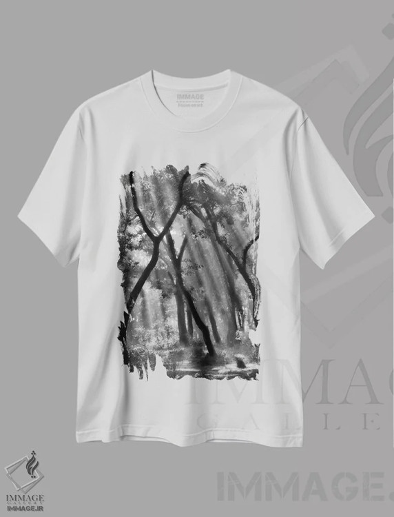 تیشرت سفید طرح دار جنگل افسون شده...، عکاسی سیاه و سفید اثر ایوت دپائپه | فروشگاه ایماژ