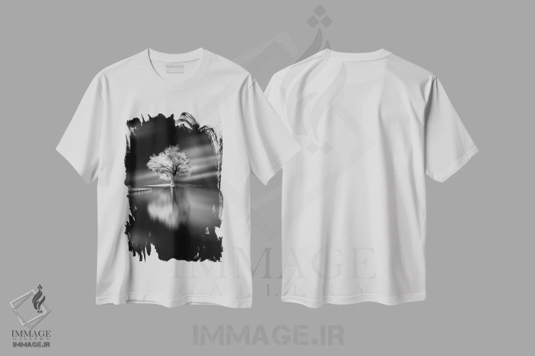 تیشرت سفید طرح دار سکوت، هنر تزئینی سیاه و سفید اثر دیوید سنشال فوتوگرافی | فروشگاه ایماژ