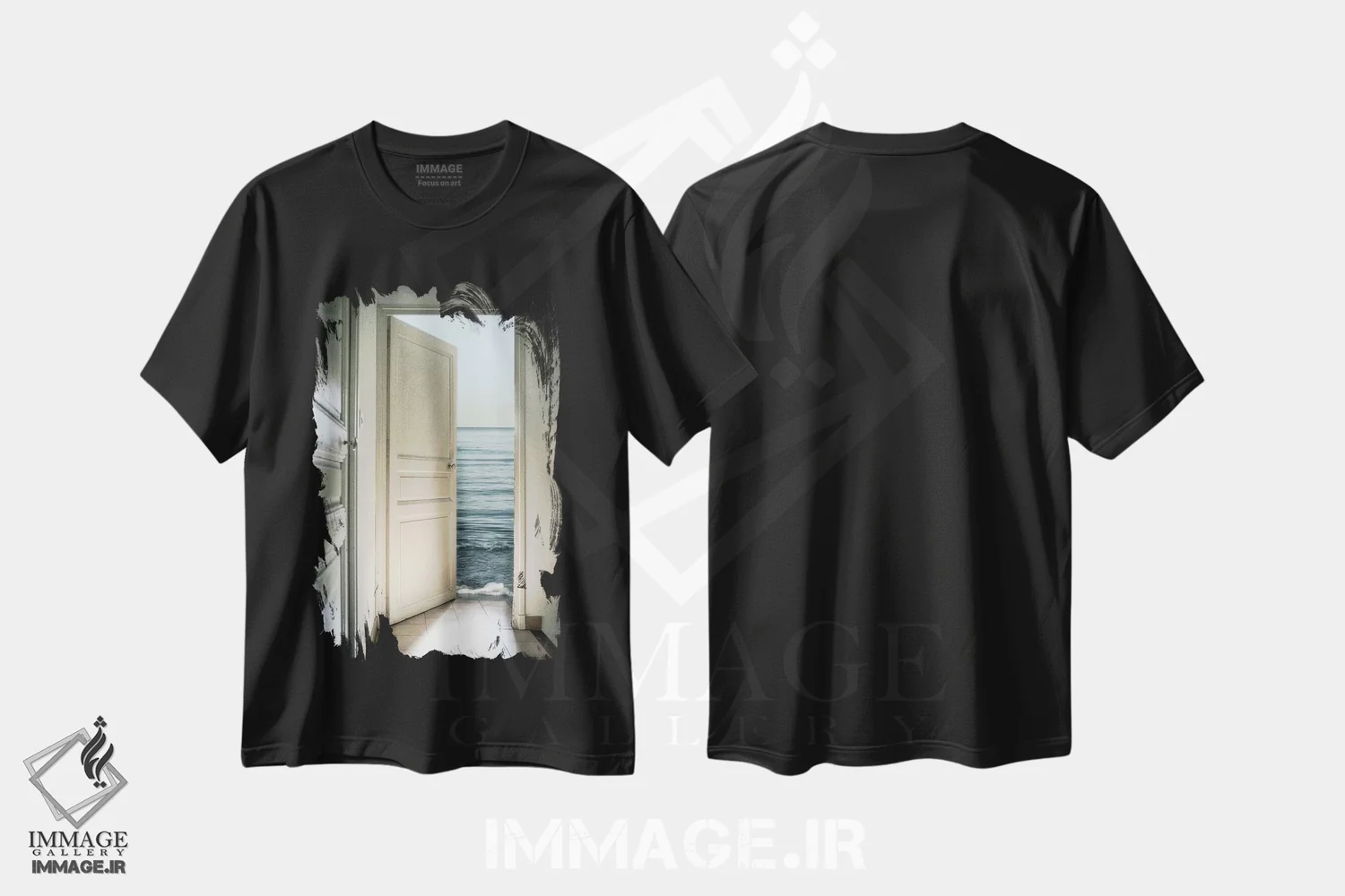 تیشرت مشکی طرح دار پشت در، هنر فاخر معاصر اثر کریستین مارسل | فروشگاه ایماژ