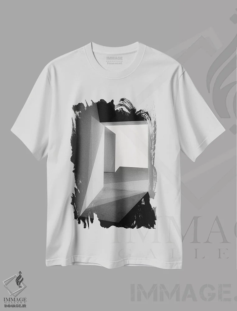 تیشرت سفید طرح دار نور و سایه ها، آبستره اثر اینگه شوستر | فروشگاه ایماژ