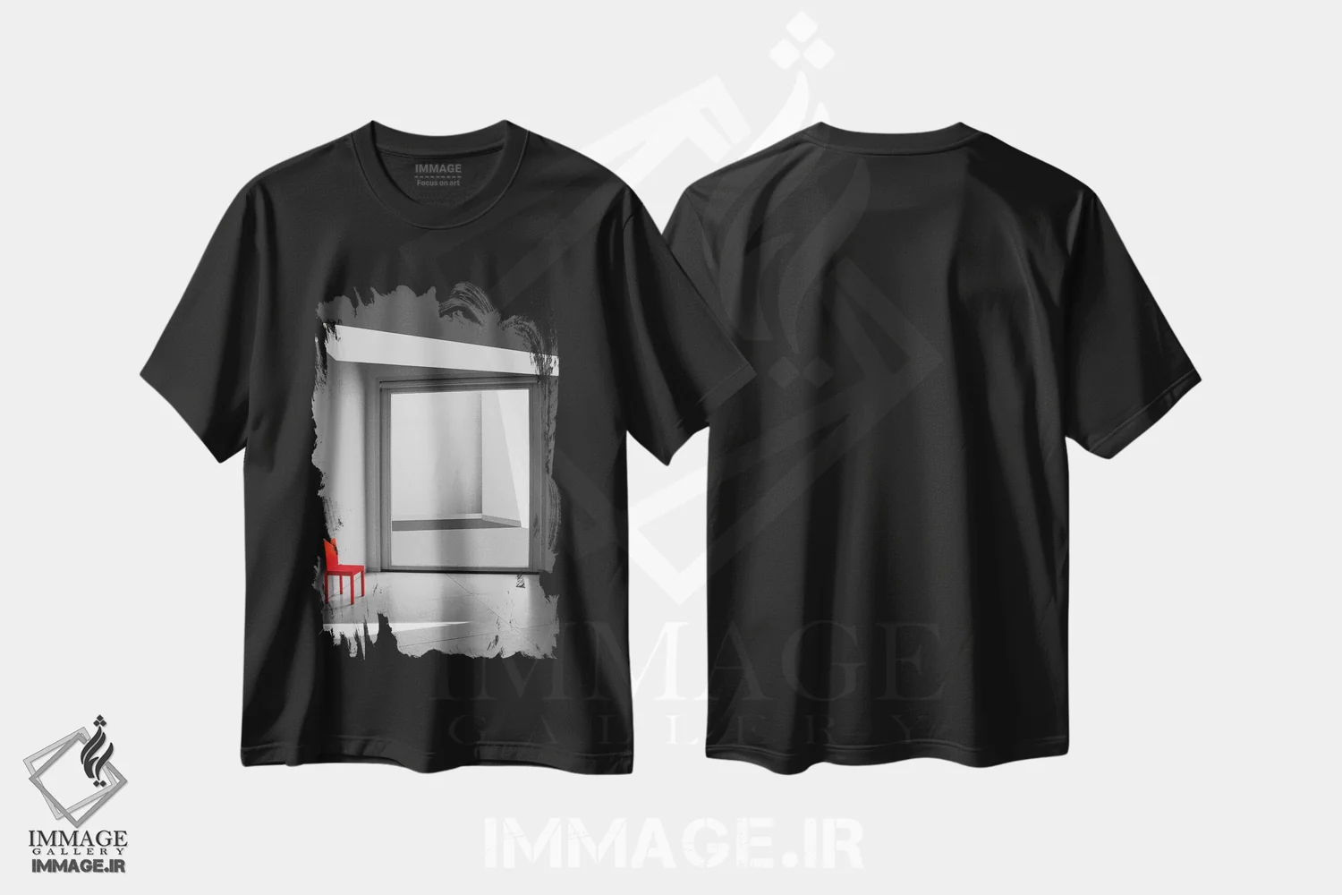 تیشرت مشکی طرح دار صندلی قرمز، عکاسی سیاه و سفید اثر اینگه شوستر | فروشگاه ایماژ
