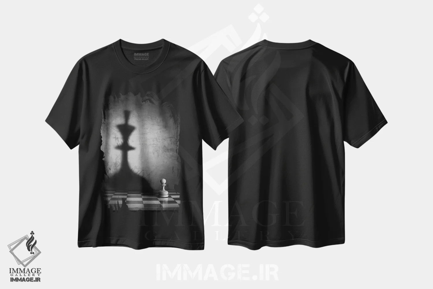 تیشرت مشکی طرح دار مگالومانیا، عکاسی سیاه و سفید اثر ویکتوریا ایوانوا | فروشگاه ایماژ