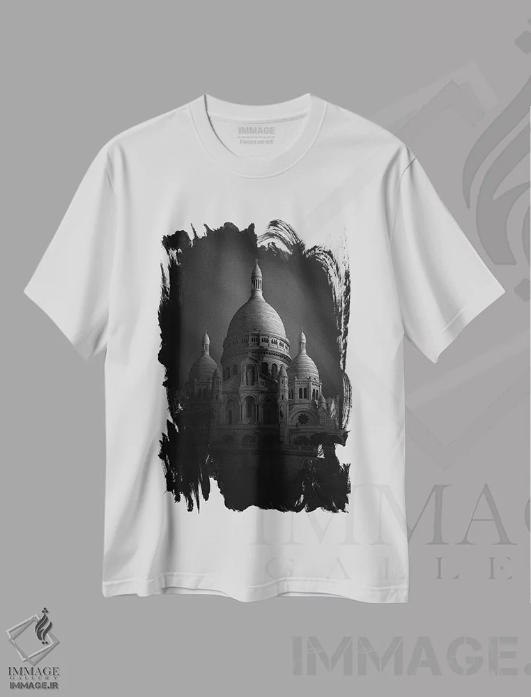 تیشرت سفید طرح دار کلیسای سکره کر، عکاسی سیاه و سفید اثر سباستین دل گروسو | فروشگاه ایماژ