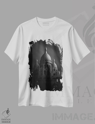تیشرت سفید طرح دار کلیسای سکره کر، عکاسی سیاه و سفید اثر سباستین دل گروسو | فروشگاه ایماژ