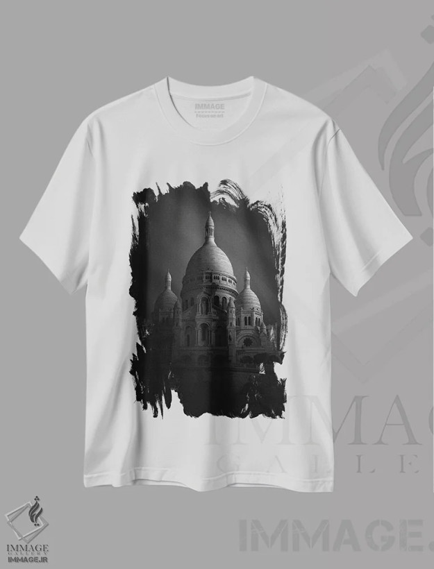 تیشرت سفید طرح دار کلیسای سکره کر، عکاسی سیاه و سفید اثر سباستین دل گروسو | فروشگاه ایماژ