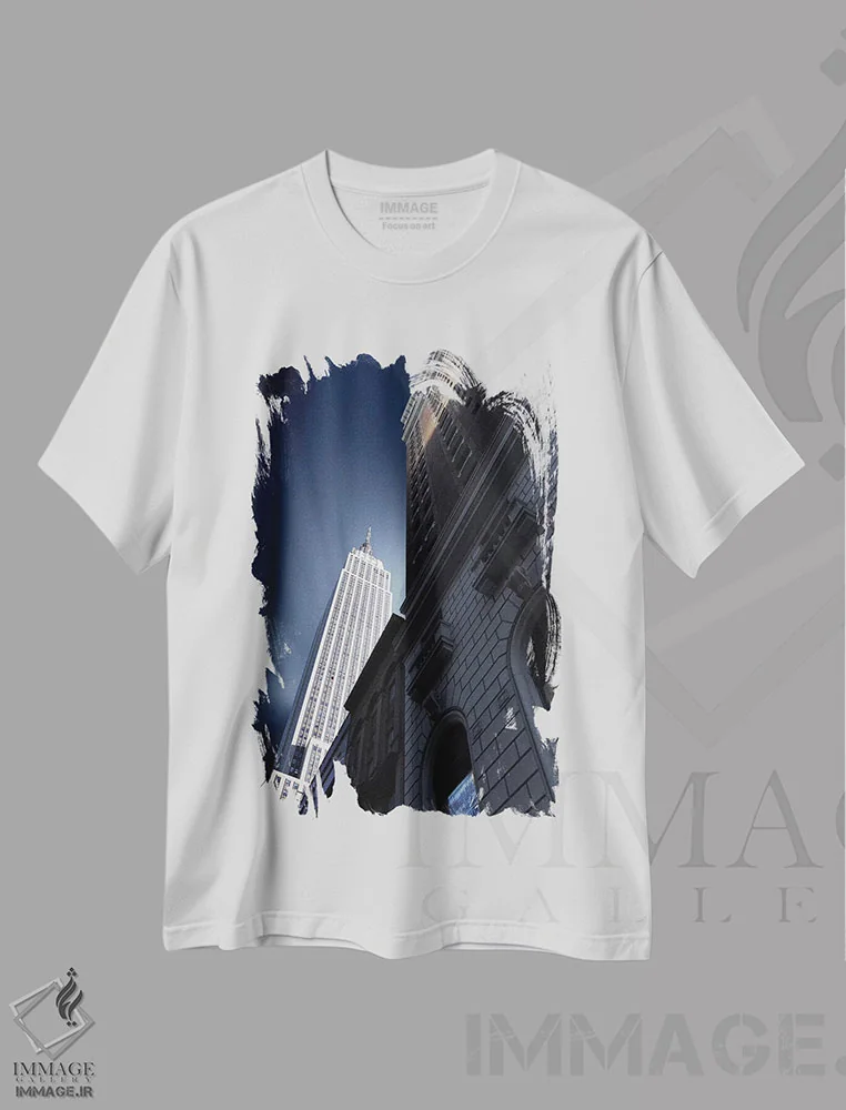 تیشرت سفید طرح دار آسمان خراش، تزئینی اثر سباستین دل گروسو | فروشگاه ایماژ