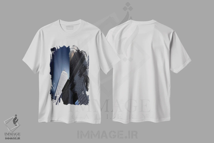 تیشرت سفید طرح دار آسمان خراش، تزئینی اثر سباستین دل گروسو | فروشگاه ایماژ