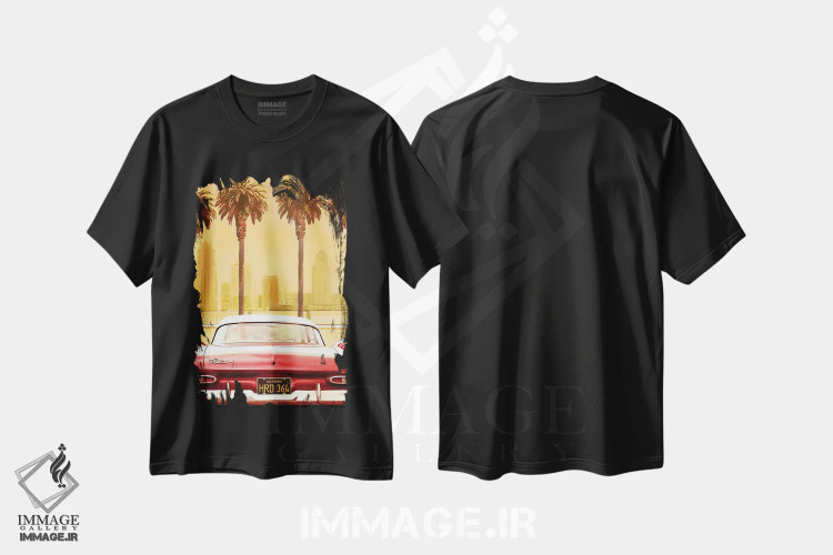 تیشرت مشکی طرح دار "پلیموث ساووی با نخل ها"، هنر دیجیتال اثر لری باتروورث | فروشگاه ایماژ
