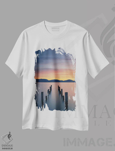 تیشرت سفید طرح دار طلوع آفتاب روی دریاچه، مدیوم اثر سایمون رول | فروشگاه ایماژ