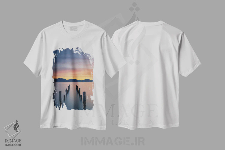 تیشرت سفید طرح دار طلوع آفتاب روی دریاچه، مدیوم اثر سایمون رول | فروشگاه ایماژ