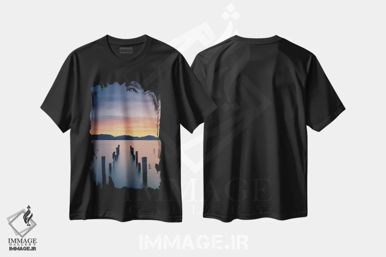 تیشرت مشکی طرح دار طلوع آفتاب روی دریاچه، مدیوم اثر سایمون رول | immage.ir