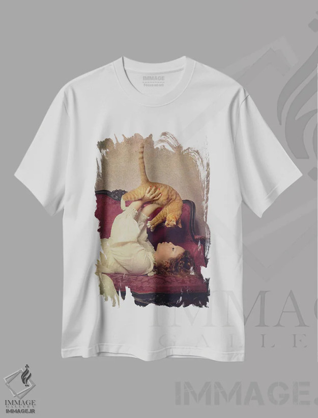 تیشرت سفید طرح دار عاشق گربه، مدیوم اثر مونیکا وانهرکه | فروشگاه ایماژ