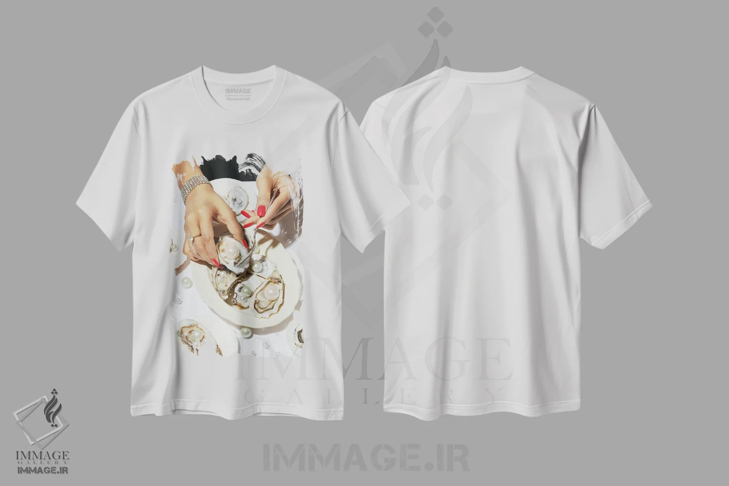 تیشرت سفید طرح دار صدف و مروارید ۱، عکاسی فیگوراتیو اثر استودیو ۱ایکس | immage.ir