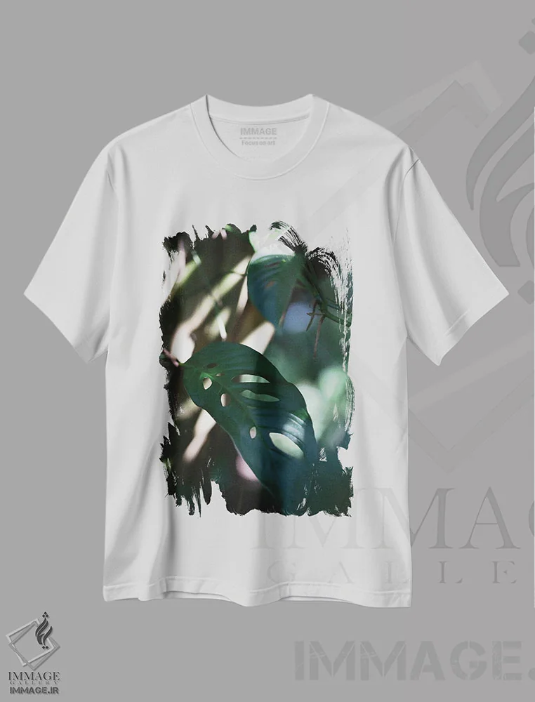 تیشرت سفید طرح دار برگ های مونسترا طبیعت ۲، عکاسی ماکرو اثر استودیو ۱ایکس ۲ | immage.ir