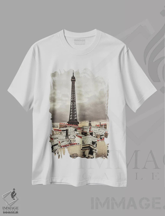 تیشرت سفید طرح دار شهر دودکش ها، مدیوم اثر سعد سالم | فروشگاه ایماژ