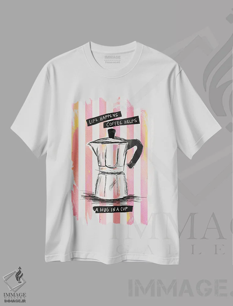 تیشرت سفید طرح دار قهوه موکا روی خطوط، تزئینی اثر باروو بلوم | فروشگاه ایماژ