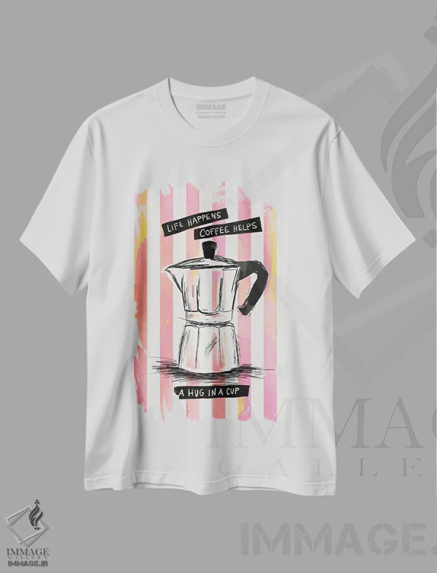 تیشرت سفید طرح دار قهوه موکا روی خطوط، تزئینی اثر باروو بلوم | فروشگاه ایماژ